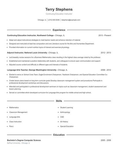 Continuing Education Instructor Resume