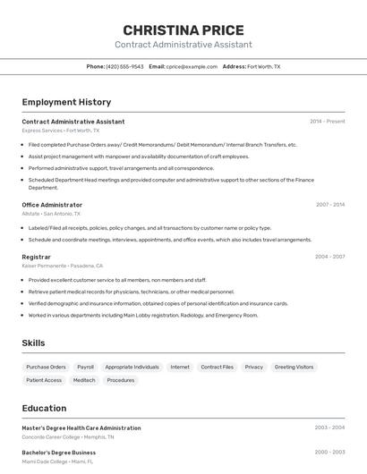 Contract Administrative Assistant Resume