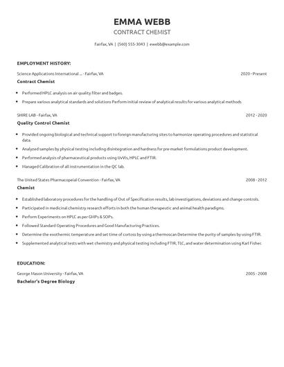 Contract Chemist Resume