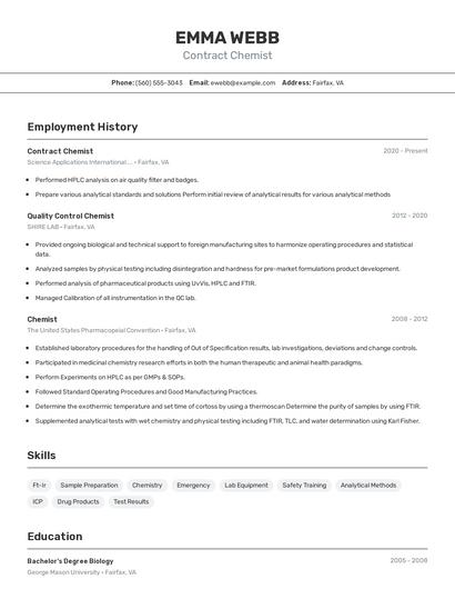 Contract Chemist Resume