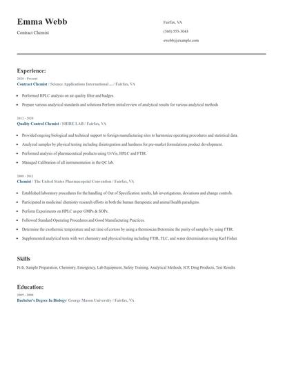 Contract Chemist Resume