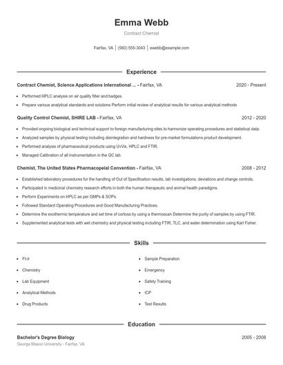 Contract Chemist Resume