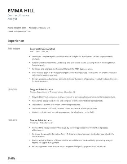 Contract Finance Analyst Resume