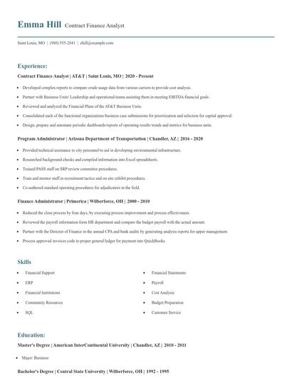 Contract Finance Analyst Resume