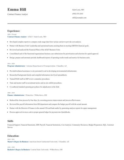 Contract Finance Analyst Resume