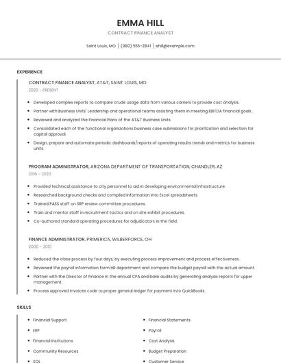 Contract Finance Analyst Resume