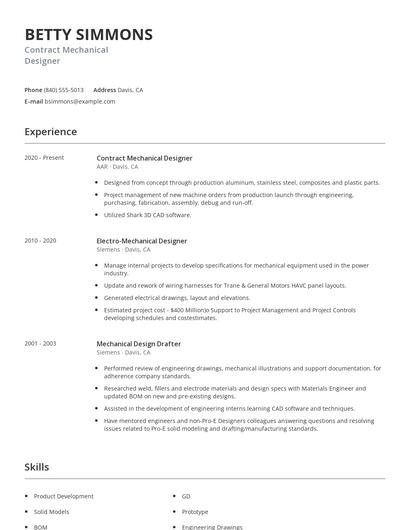 Contract Mechanical Designer Resume