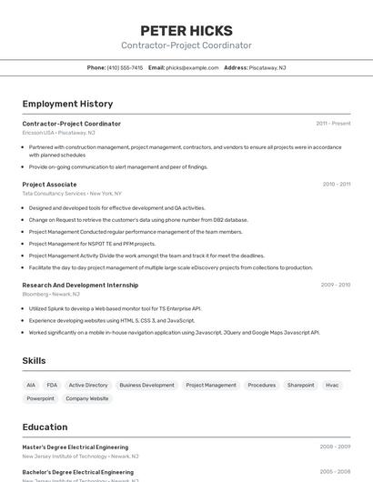 Contractor-Project Coordinator Resume