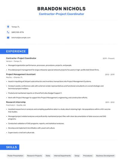 Contractor-Project Coordinator Resume