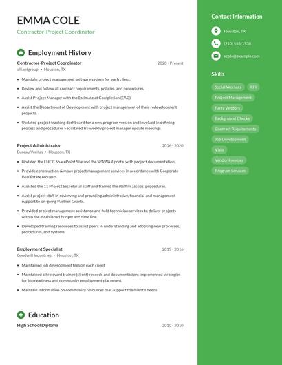 Contractor-Project Coordinator Resume