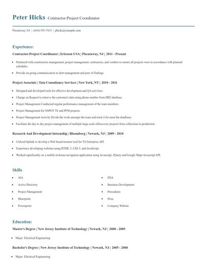 Contractor-Project Coordinator Resume
