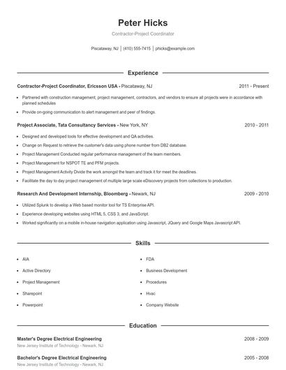 Contractor-Project Coordinator Resume
