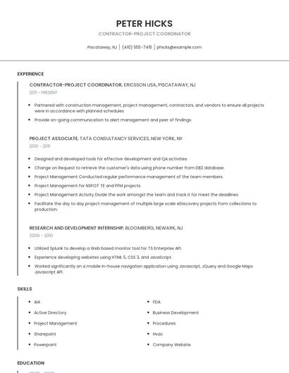 Contractor-Project Coordinator Resume