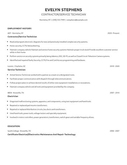 Contractor/Service Technician Resume