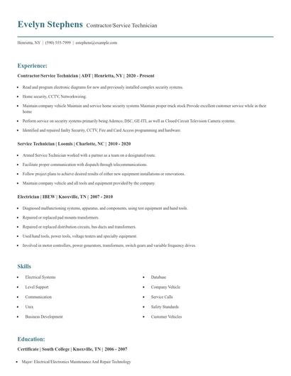 Contractor/Service Technician Resume