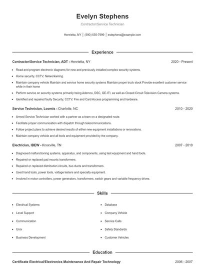 Contractor/Service Technician Resume