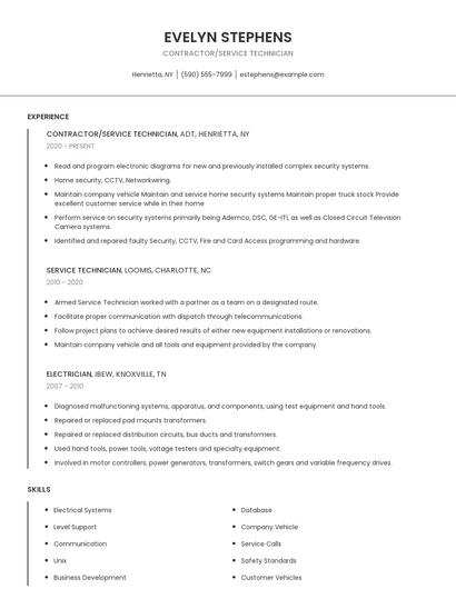 Contractor/Service Technician Resume