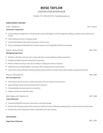 Contractor Supervisor Resume