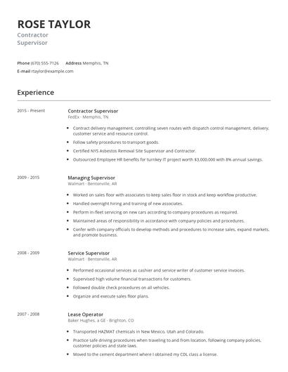 Contractor Supervisor Resume