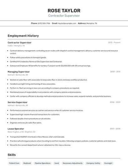 Contractor Supervisor Resume