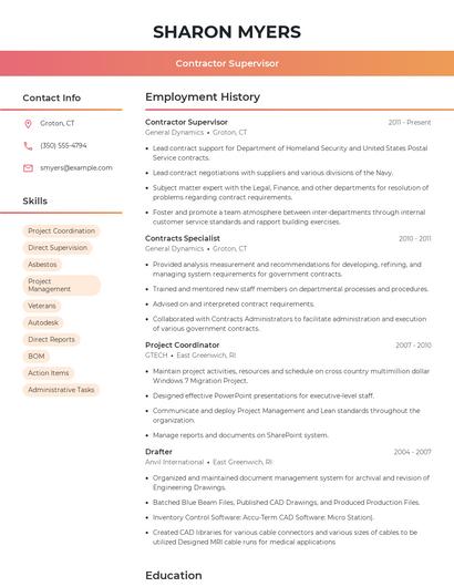 Contractor Supervisor Resume