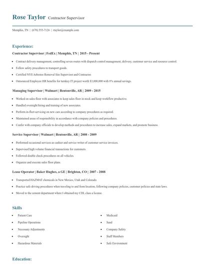 Contractor Supervisor Resume