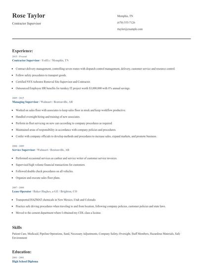 Contractor Supervisor Resume