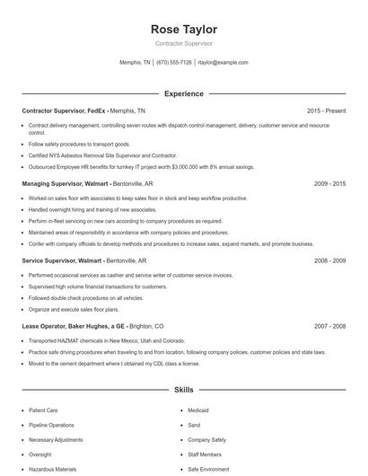 Contractor Supervisor Resume