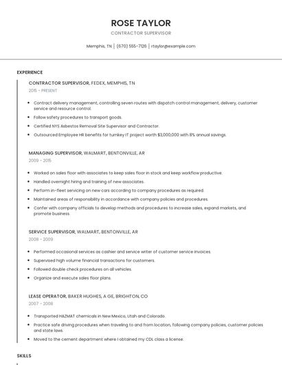 Contractor Supervisor Resume