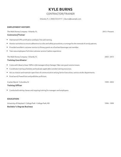 Contractor/Trainer Resume