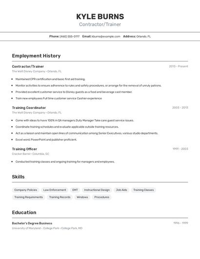 Contractor/Trainer Resume