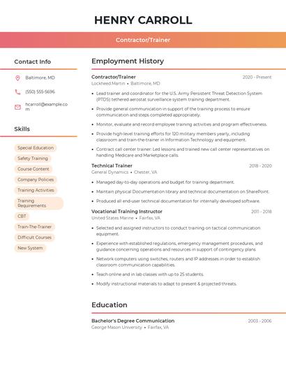 Contractor/Trainer Resume