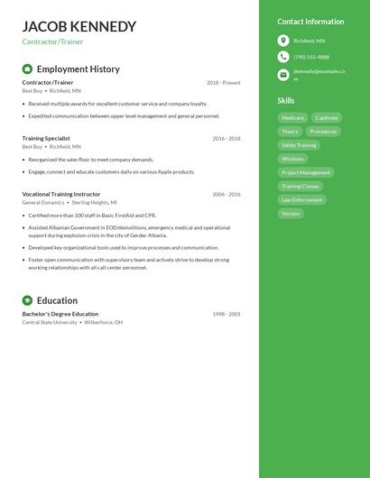 Contractor/Trainer Resume