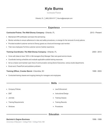 Contractor/Trainer Resume