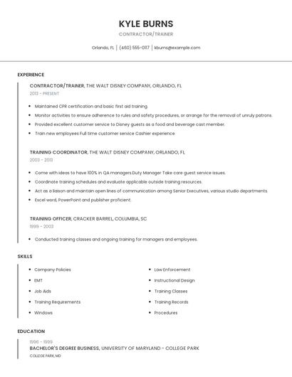 Contractor/Trainer Resume