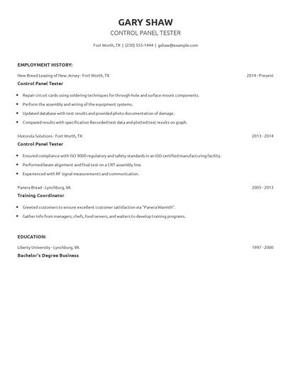 Control Panel Tester Resume