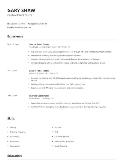 Control Panel Tester Resume