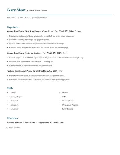 Control Panel Tester Resume