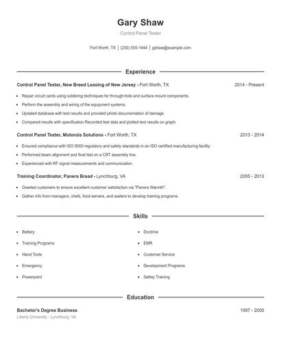 Control Panel Tester Resume