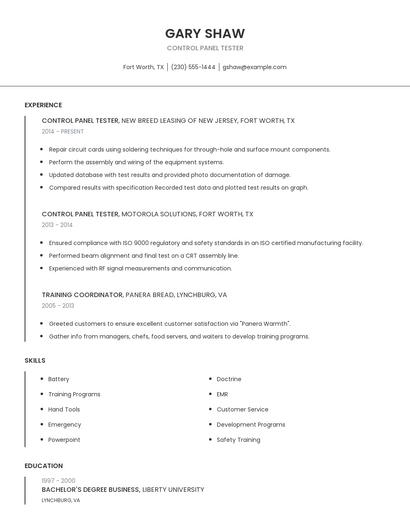 Control Panel Tester Resume
