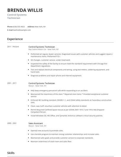 Control Systems Technician Resume
