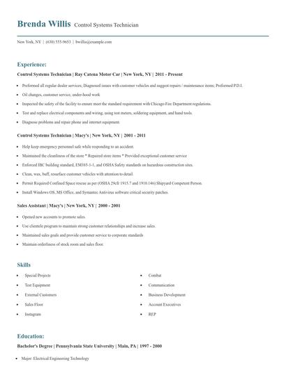 Control Systems Technician Resume