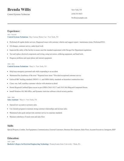 Control Systems Technician Resume