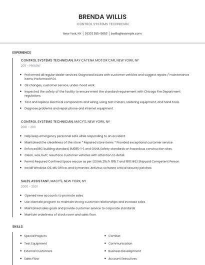 Control Systems Technician Resume