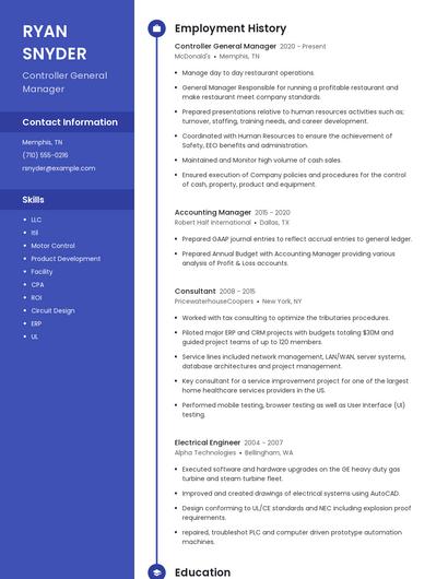 Controller General Manager Resume