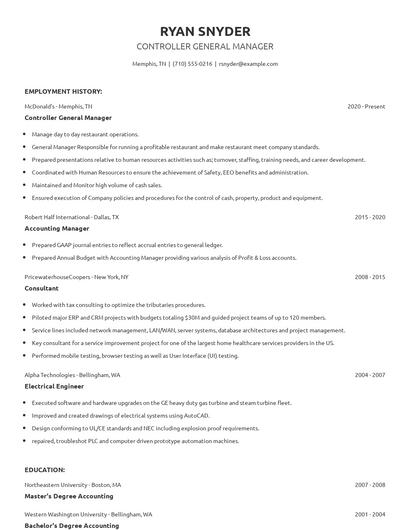 Controller General Manager Resume