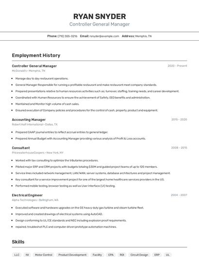 Controller General Manager Resume
