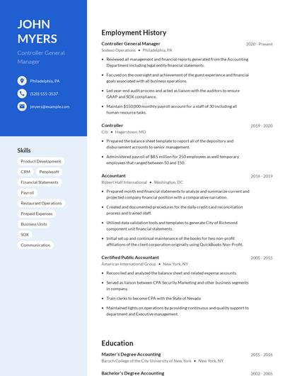 Controller General Manager Resume
