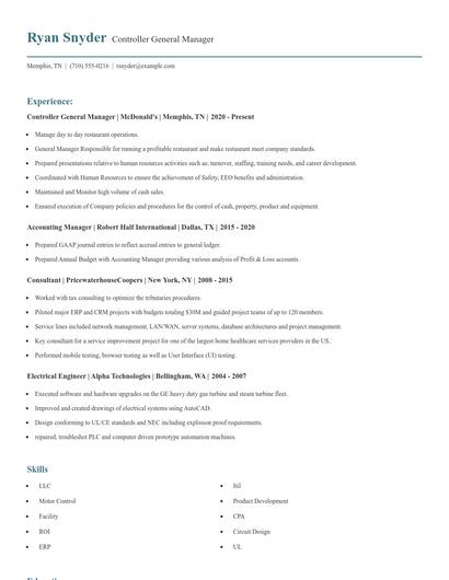 Controller General Manager Resume