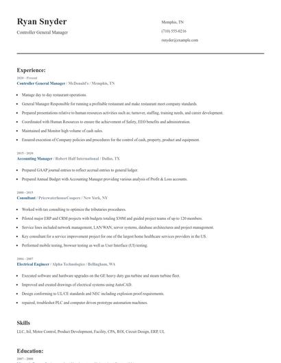 Controller General Manager Resume